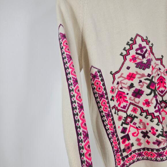 Vintage 70s Sweater Cream Pink wool Blend Southwestern Balkan Pullover Size L - Picture 3 of 7